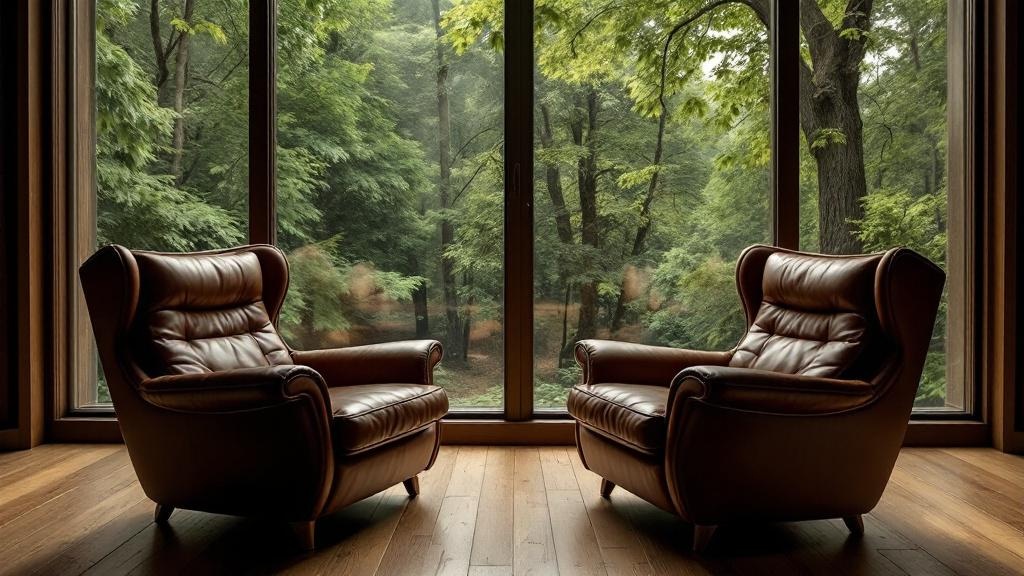 Two chairs by a forest window