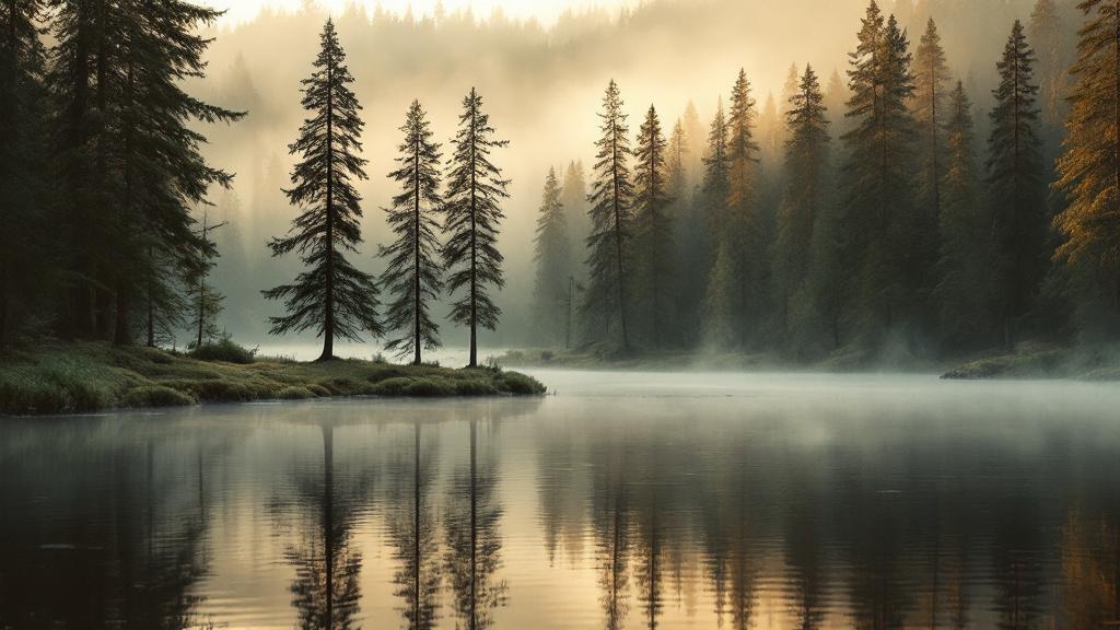 Misty lake at sunrise