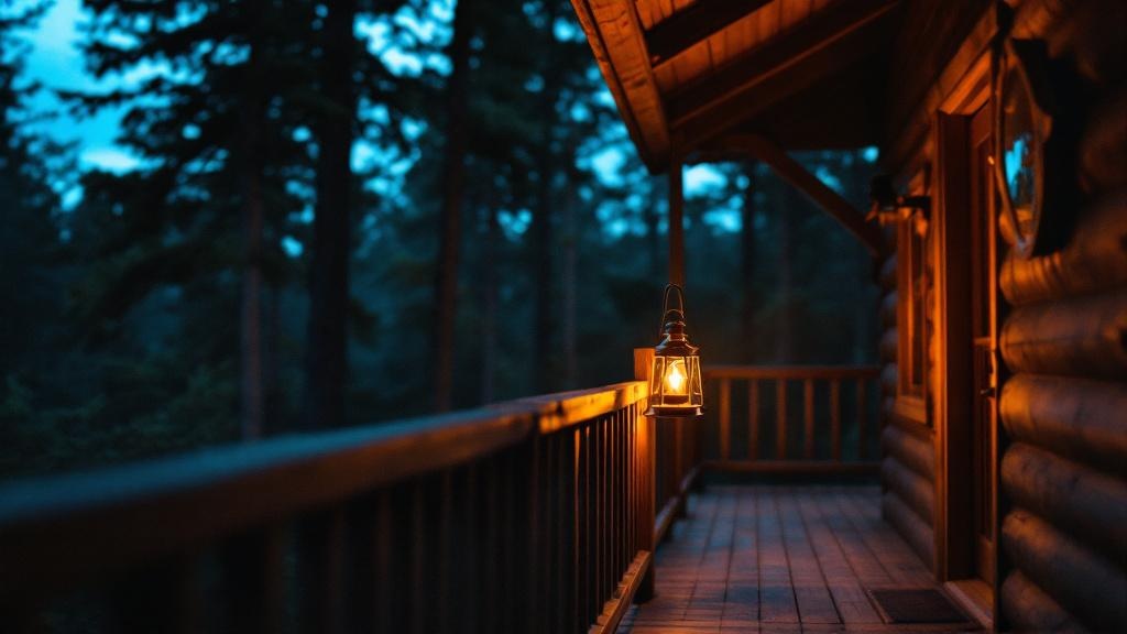 Lantern glowing on a cabin porch